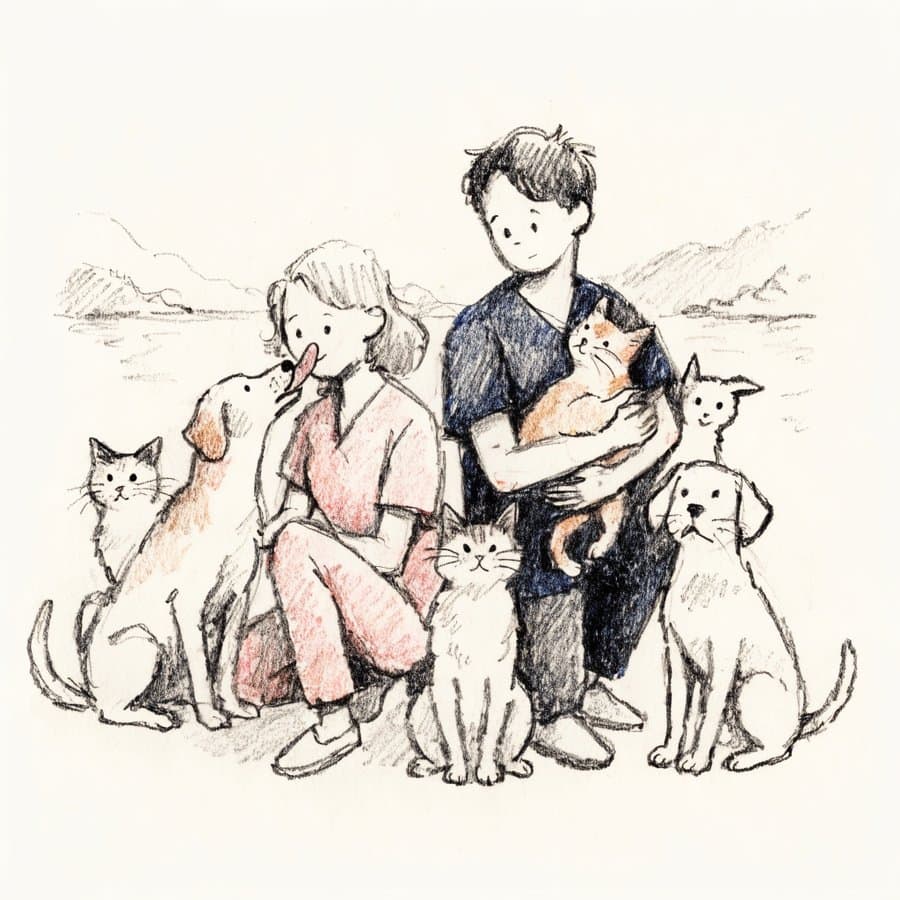 El çizimi (kara kalem): PetHealth veteriner ekibi ve patili dostları bir arada