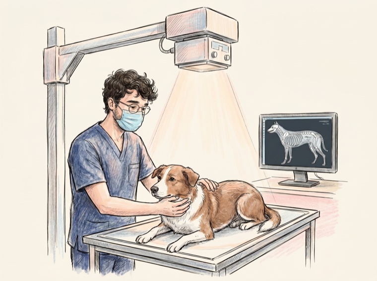 El çizimi (kara kalem): veteriner bir köpeğin dijital röntgenini çekiyor